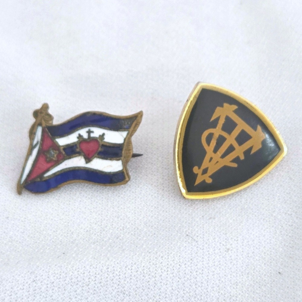 Vintage Enamel Lapel Pin Set Vedado Tennis Club and Sacred Heart Cuban Flag pin